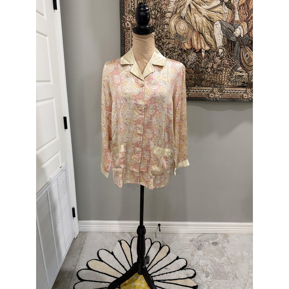 Meibiao Pajama Top Womens Large Pink‎ Paisley Silk Satin Button Front Collared